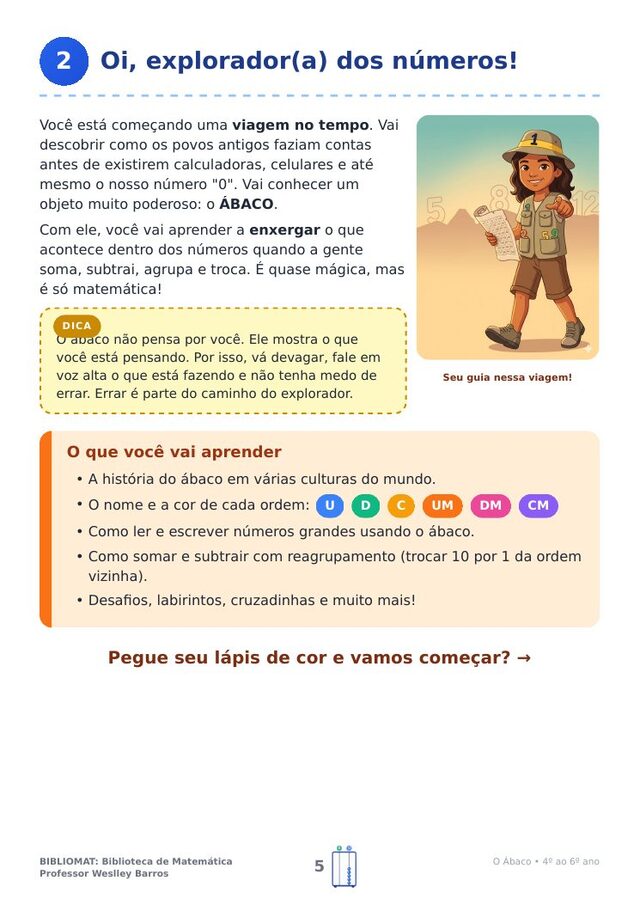 Abertura do material com a exploradora dos números e o que o aluno vai aprender