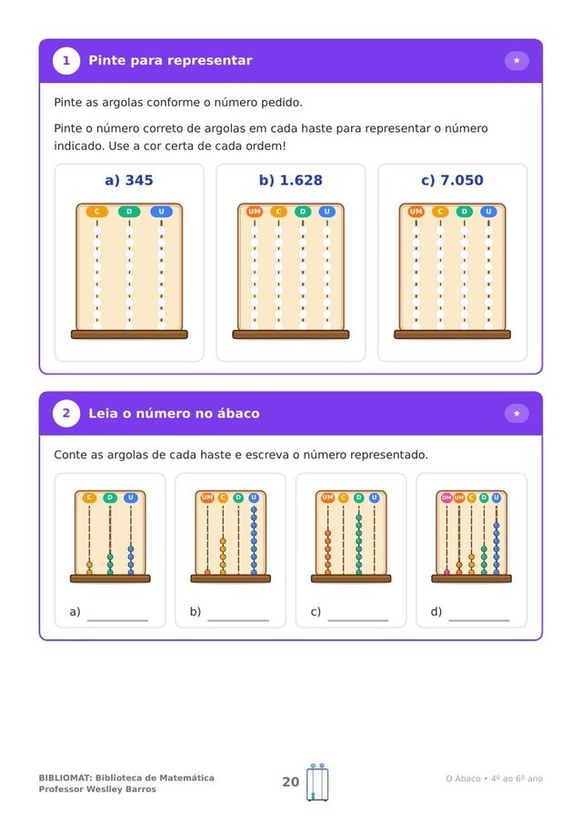 Atividade prática de pintar e ler números no ábaco