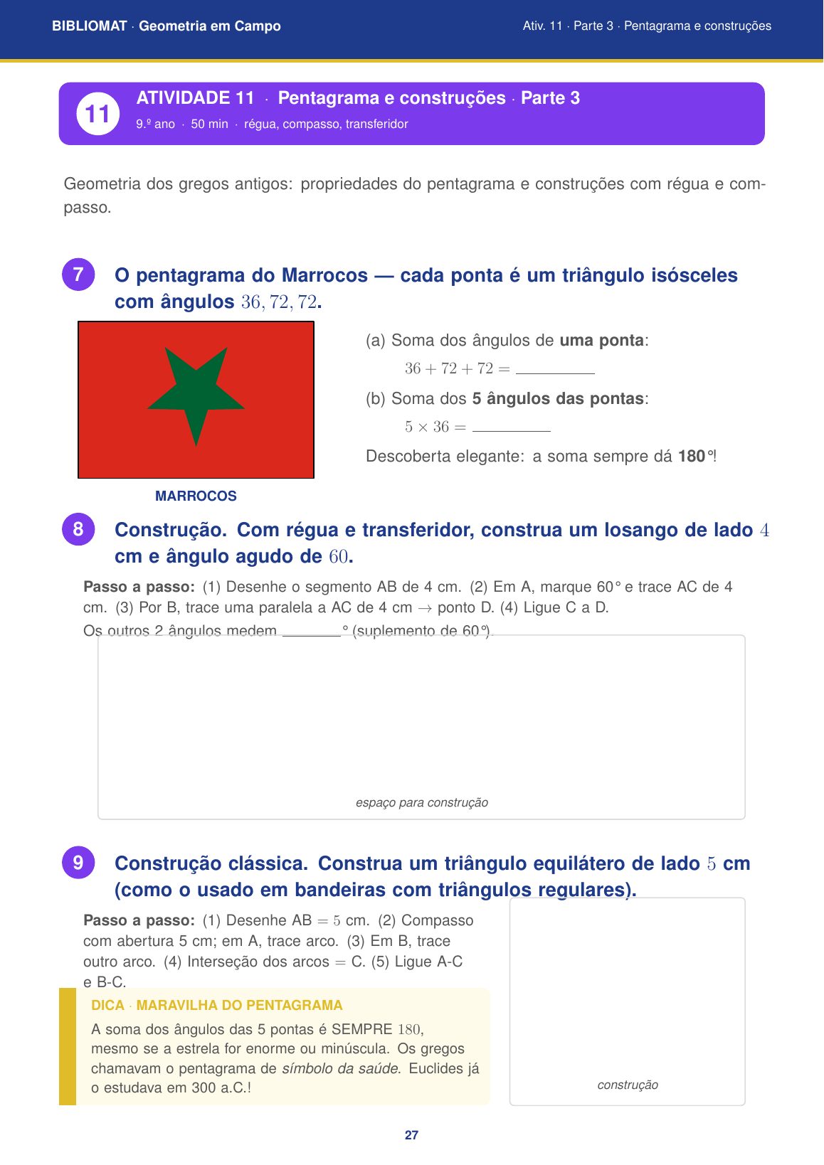 Pentagrama do Marrocos com construção euclidiana — atividade do 9.º ano