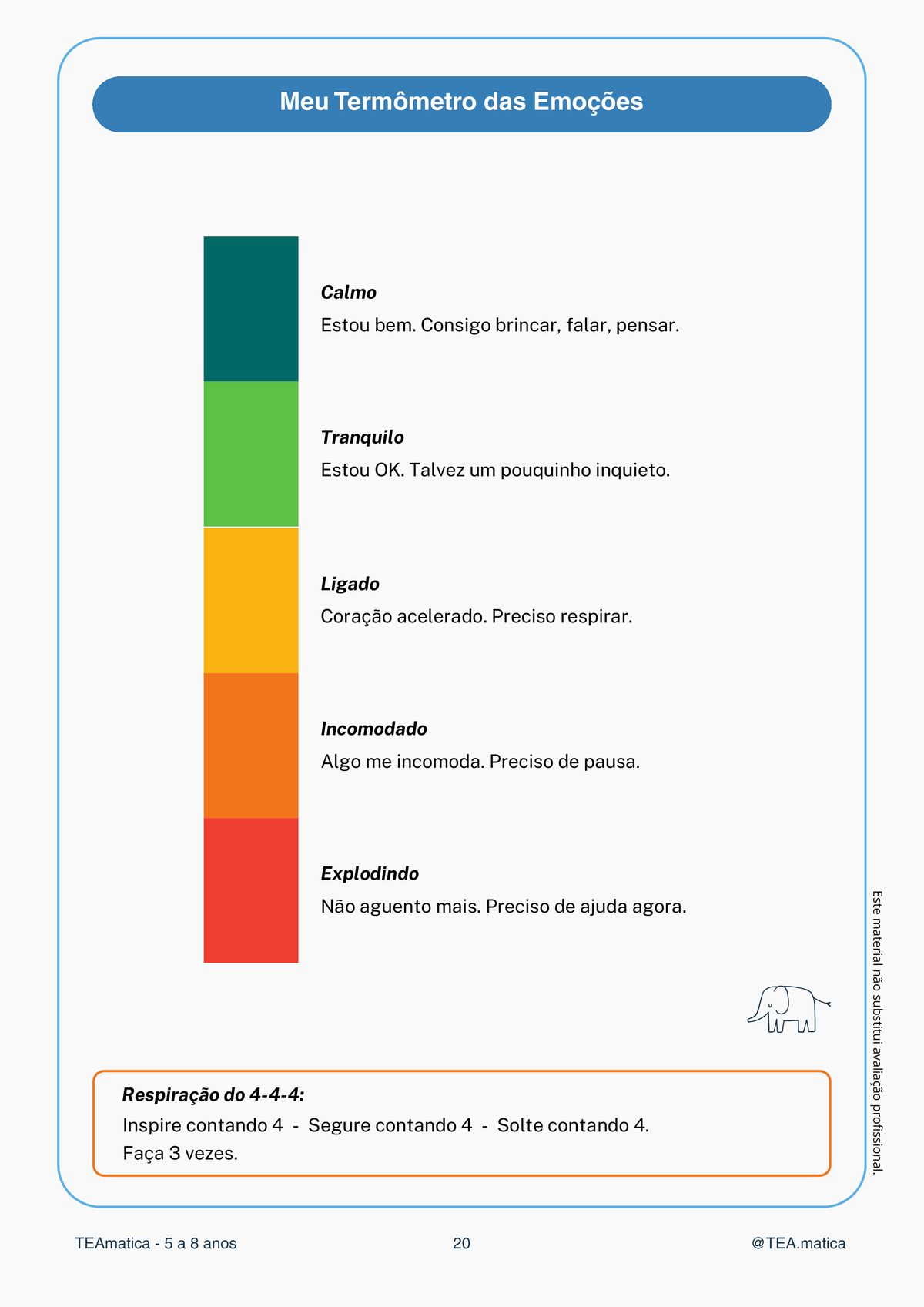 Termômetro das Emoções — 5 níveis com cores e técnica de respiração 4-4-4